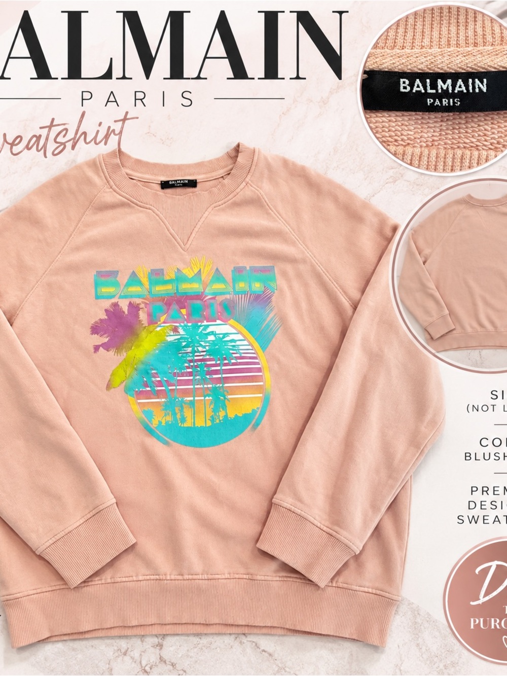 Balmain Blush Pink Crewneck Sweatshirt with Tropical Multicolor Graphic